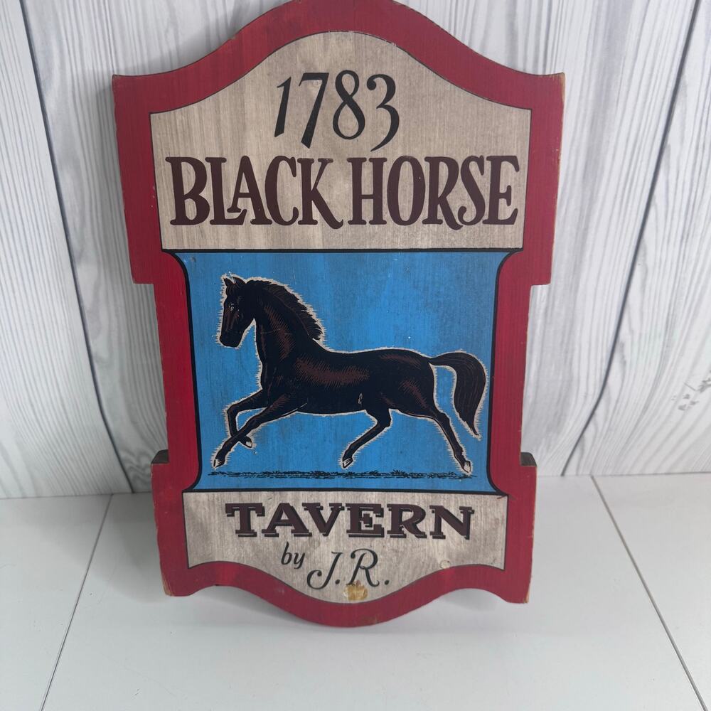 1783 Black Horse Tavern by J.R. Painted Solid Wood Plaque Equestrian Pub Sign